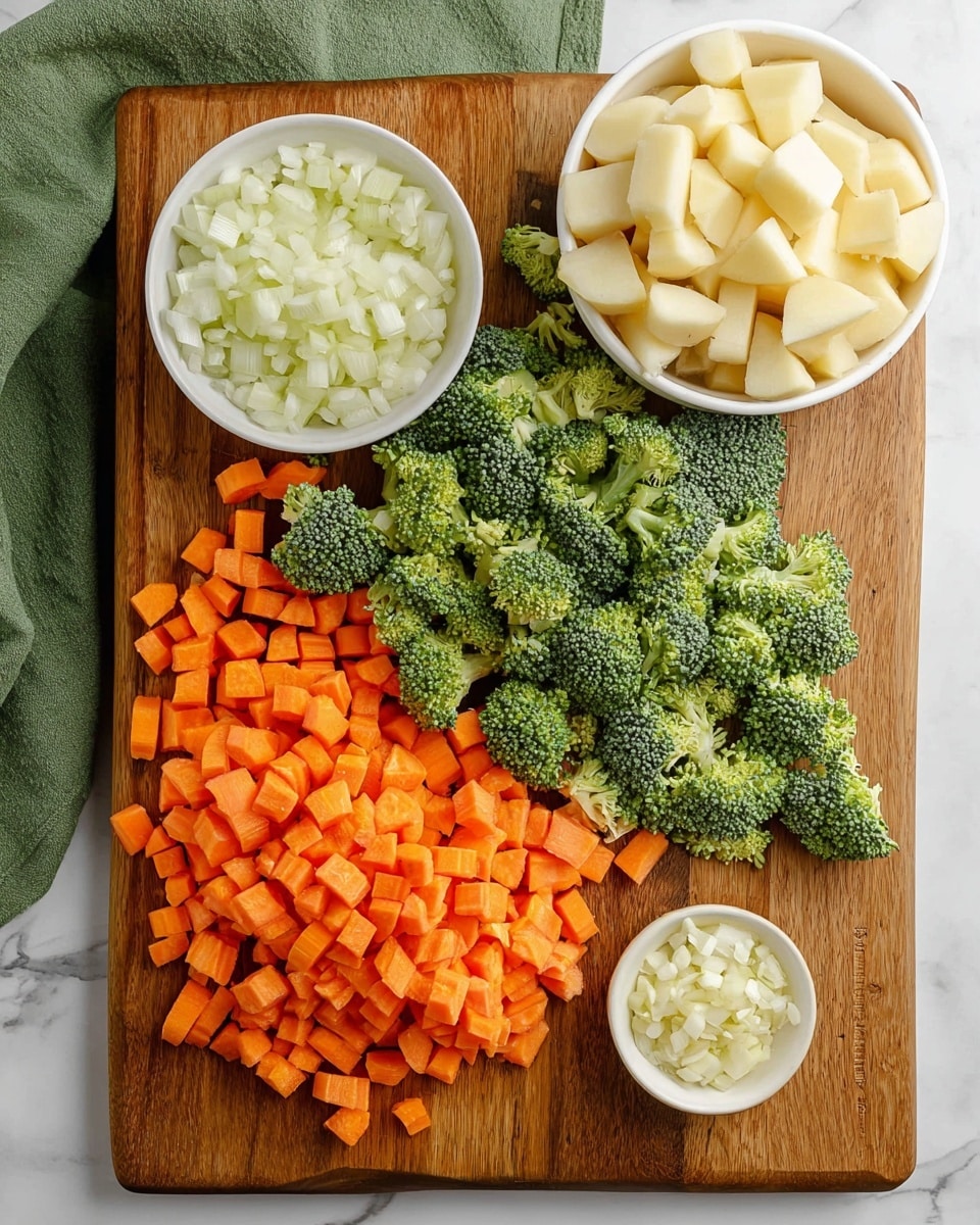 A wooden cutting board on a white marbled surface holds four sections of vegetables: bright orange chopped carrots spread across the bottom left, vibrant green broccoli florets gathered on the top right, a small white bowl filled with small white chopped onions placed in the upper left, and another small white bowl with finely chopped garlic near the bottom right, slightly on top of the carrots. In the top right corner, there is a white bowl filled with light beige cubed potatoes, visible on the white marbled surface. A green cloth is partially visible on the top left corner. photo taken with an iphone --ar 4:5 --v 7