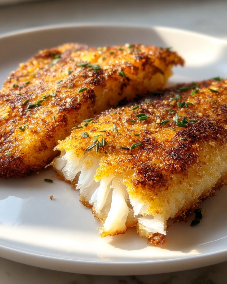 Two pieces of golden brown fried fish fillets with a crispy crust sit on a white plate. The fish flakes are white and tender inside, visible where one fillet is broken slightly apart. The crust is speckled with green herbs and black pepper, showing a crunchy texture. The plate is placed on a white marbled surface. photo taken with an iphone --ar 4:5 --v 7