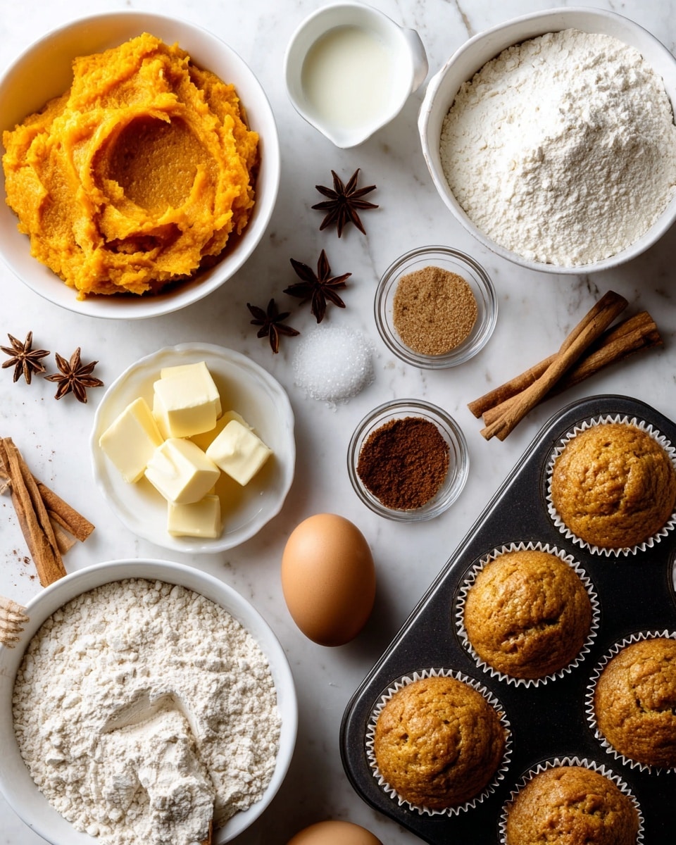 The image shows a baking scene with multiple ingredients and finished muffins arranged on a white marbled surface. On the left, there is a white bowl filled with bright orange pumpkin puree, next to a smaller white dish holding a scoop of white solid coconut oil. Below that, a larger white bowl is filled with white flour. Near the center, there is a small white dish with pale yellow butter cubes and another small white bowl with a white powdery ingredient, likely sugar or ground nuts. Two eggs, one brown and one white, rest beside the small dishes. Scattered around are star anise and small brown cinnamon sticks. On the right side, a black metal muffin tray holds six golden-brown muffins, each in white paper liners, showing a lightly textured, firm top. Small clear glass bowls hold different spices with shades of brown ranging from light to dark, completing the set of ingredients. Photo taken with an iphone --ar 4:5 --v 7