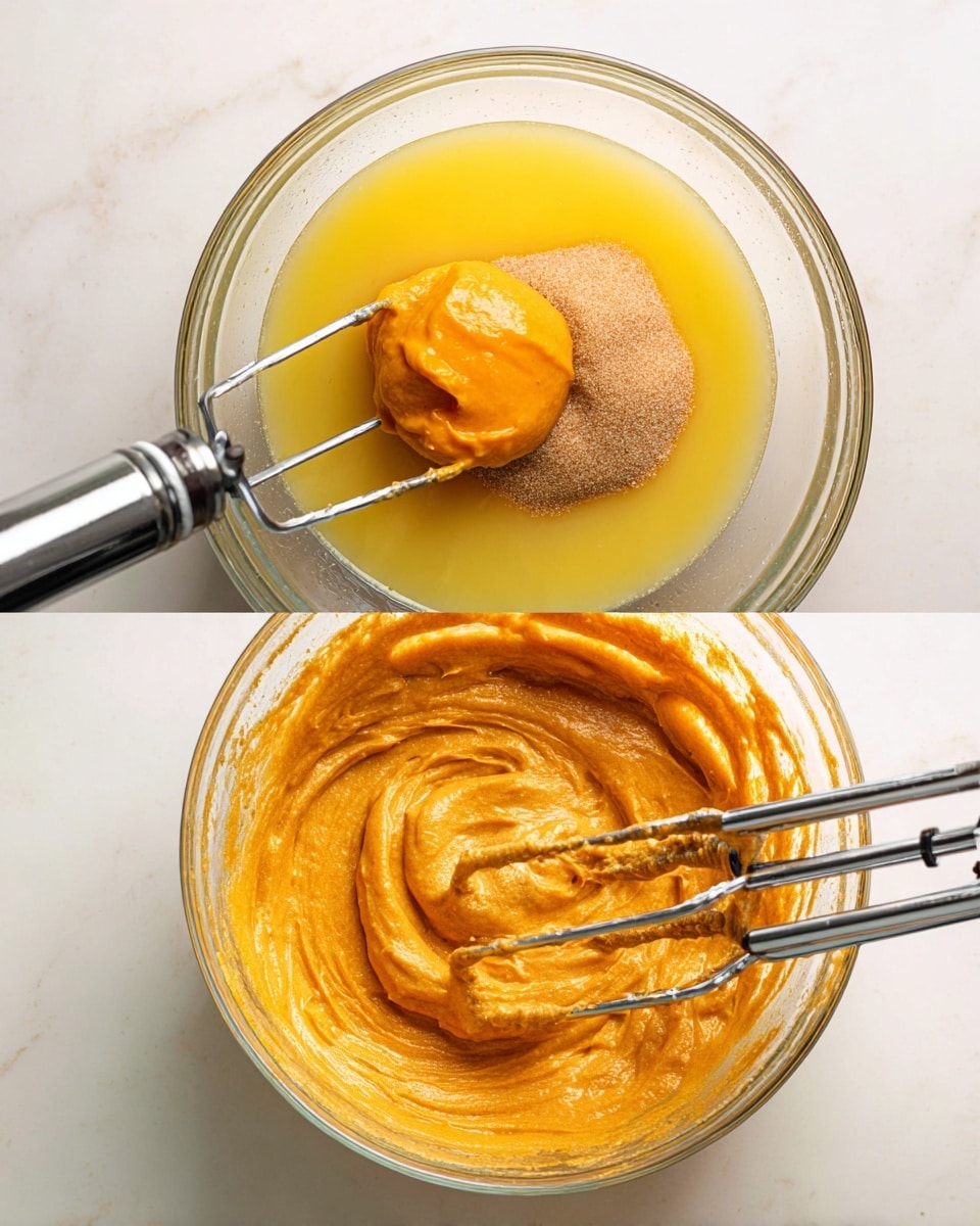 A clear glass bowl sits on a white marbled surface, inside it is a mixture with three visible layers: a bright yellow liquid at the bottom, a dollop of smooth orange puree on top near the center, and a mound of light brown granulated sugar on one side. A hand mixer with shiny metal beaters is partially lowered into the bowl, ready to blend the ingredients. The next image shows the same bowl with the ingredients blended into a thick, smooth orange batter, with the hand mixer beaters spinning in the center creating swirls in the mixture. Photo taken with an iphone --ar 4:5 --v 7