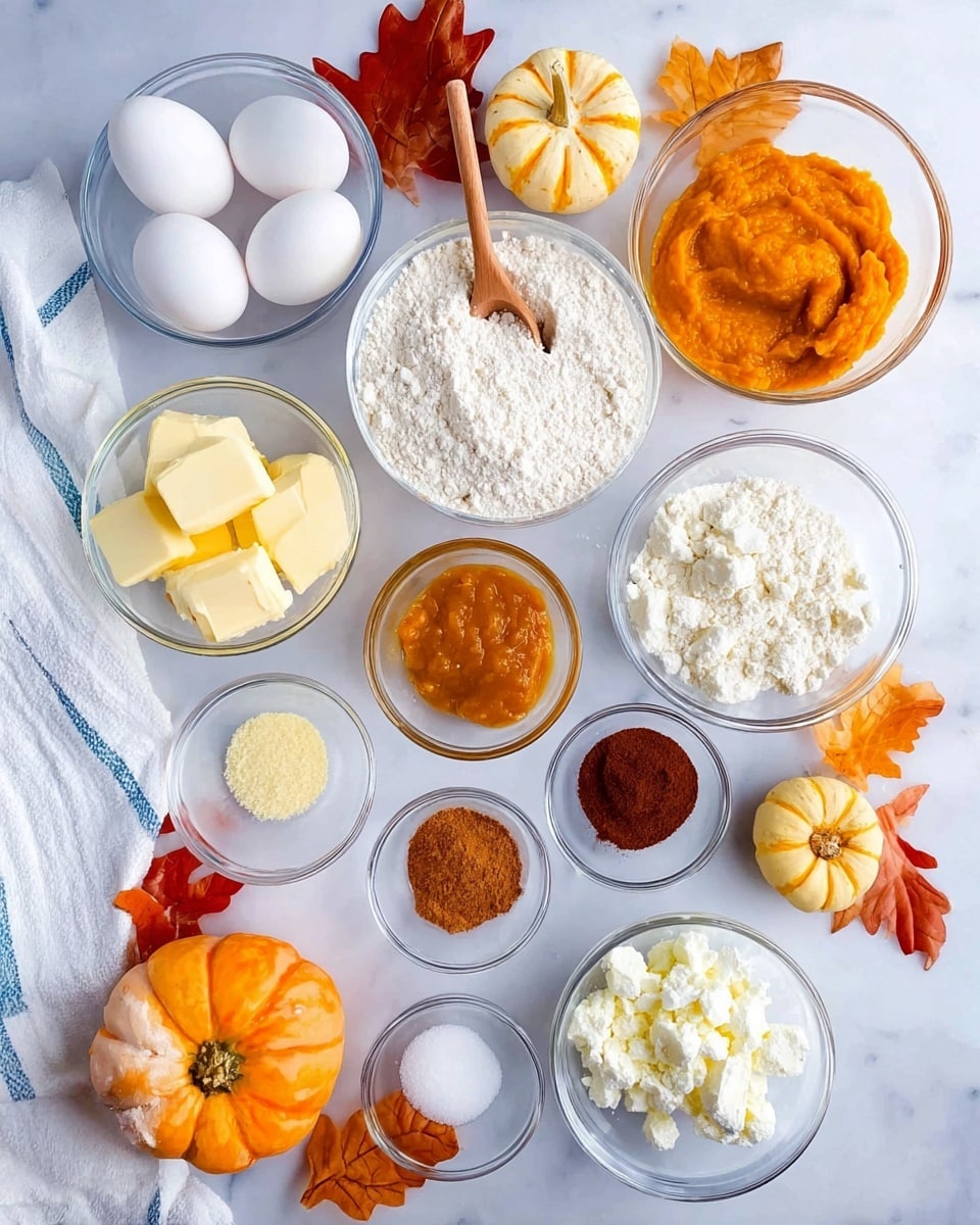 The image shows an overhead view of various ingredients placed on a white marbled surface. There are clear glass bowls arranged neatly: one with three raw eggs, one with white flour with a wooden spoon, one with cubed butter, one with white sugar, one with orange pumpkin puree and a white spoon, one with white crumbly cheese, and one with brown sugar. Smaller bowls hold different spices in brown and dark red tones, as well as salt and baking powder. Small orange and yellow decorative pumpkins and fall leaves are scattered around the bowls, enhancing an autumn feel. A white towel with thin blue stripes is partially seen on the side. Photo taken with an iphone --ar 4:5 --v 7