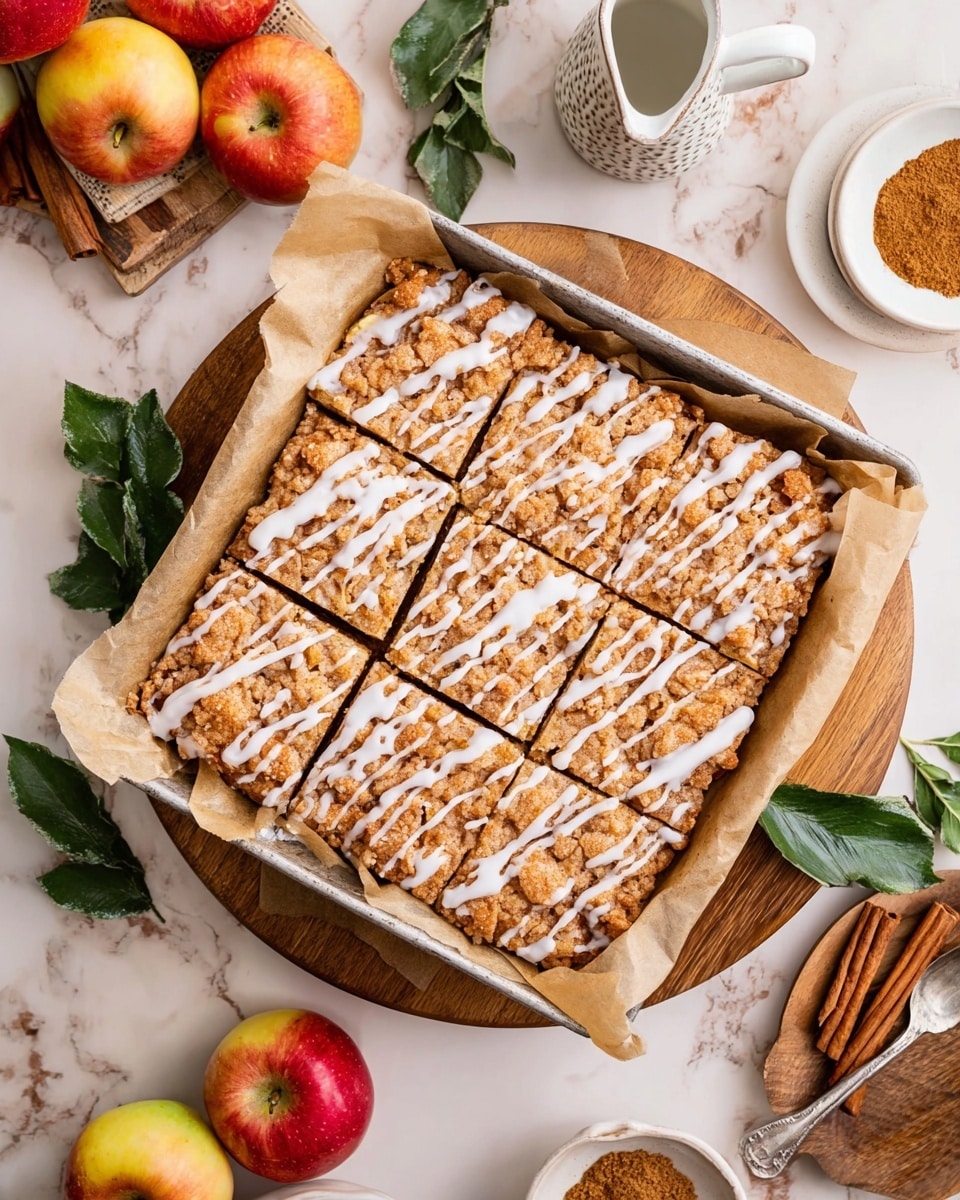 A square baking pan lined with light brown parchment paper holds a crumbly apple dessert cut into nine pieces, showing a golden brown, rough-textured base overlaid with a white glaze in thin, uneven drizzles across the top. The pan sits on a round wooden board placed on a white marbled surface. Around the dish, there are three red and yellow apples, green leaves, two cinnamon sticks, a white bowl filled with cinnamon powder on a wooden board, white plates with silver forks, and a white ceramic pitcher containing more glaze with a spoon inside. photo taken with an iphone --ar 4:5 --v 7