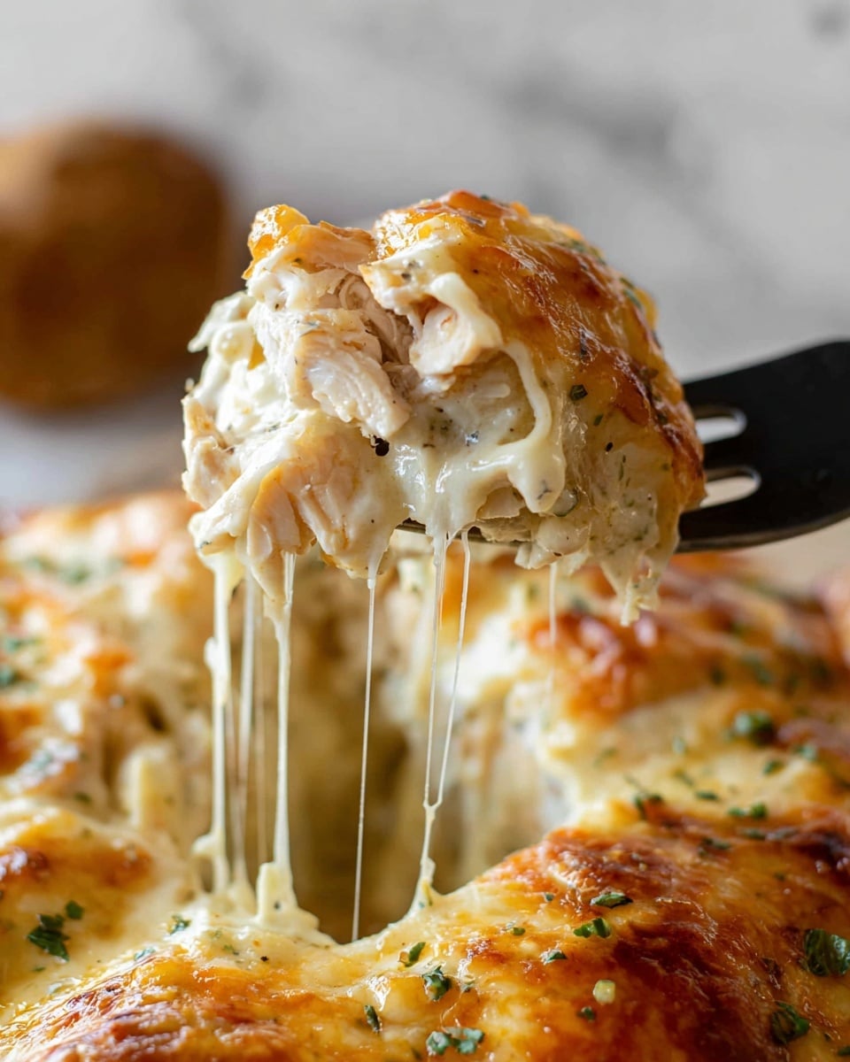 A close-up view of a creamy, cheesy dish held by a black fork lifting a bite, showing one thick layer of melted white cheese with small pieces of light beige chicken inside. Below the cheese is another layer with a rich, orange sauce with a slightly glossy texture, sprinkled with tiny green herbs. The background shows more of the dish with similar layers, resting on a white marbled surface. Long, thin strands of melted cheese stretch between the fork and the dish, emphasizing the gooey texture. photo taken with an iphone --ar 4:5 --v 7