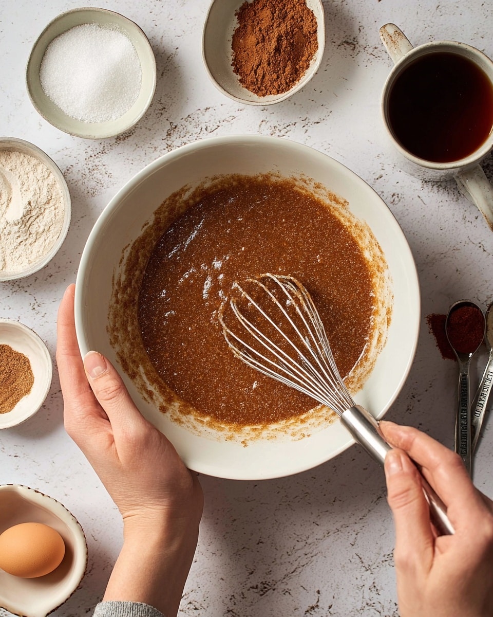 A thick brown mixture with a grainy texture is being whisked inside a large white bowl held by a woman's hand on the left side, while another woman's hand whisking is on the right side. Around the bowl, there are small white bowls filled with white sugar, brown powder, and a deep reddish liquid, along with measuring spoons, an egg, and a cup of dark liquid, all placed on a white marbled surface. photo taken with an iphone --ar 4:5 --v 7