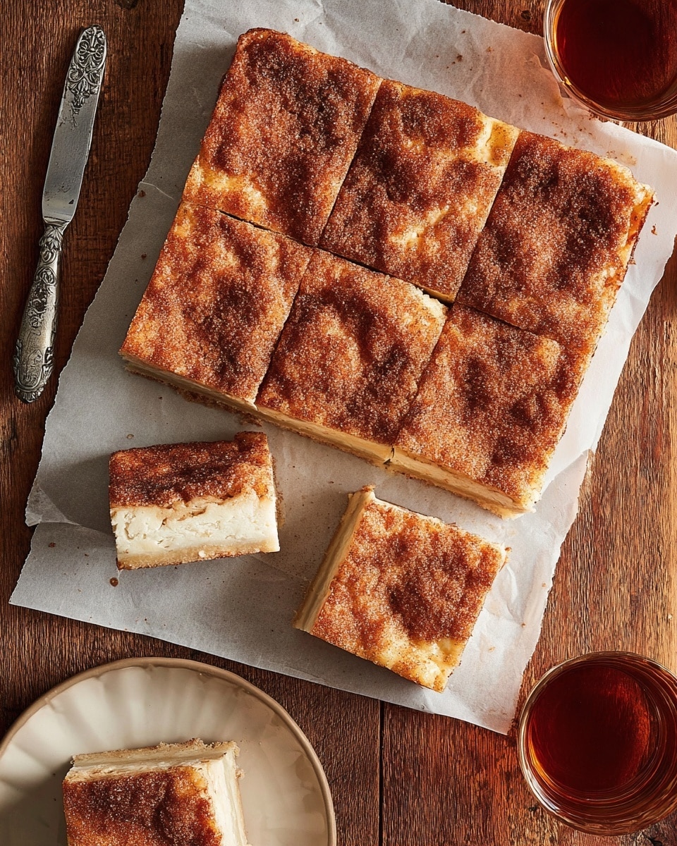 A rectangular baked dessert is shown on white parchment paper placed over a wooden surface. It is cut into six square pieces, with three pieces still attached in the top row and three separated below. The top layer is golden brown with a textured, slightly crispy surface covered in a cinnamon-sugar mix. The middle layer is creamy and white, visible from the sides of the cut pieces. One square piece is on a white plate in the lower left, showing its thick layered structure. There is a vintage knife with an ornate handle on the left side of the dessert, and a cup of dark amber-colored drink in a glass to the top right. Photo taken with an iphone --ar 4:5 --v 7