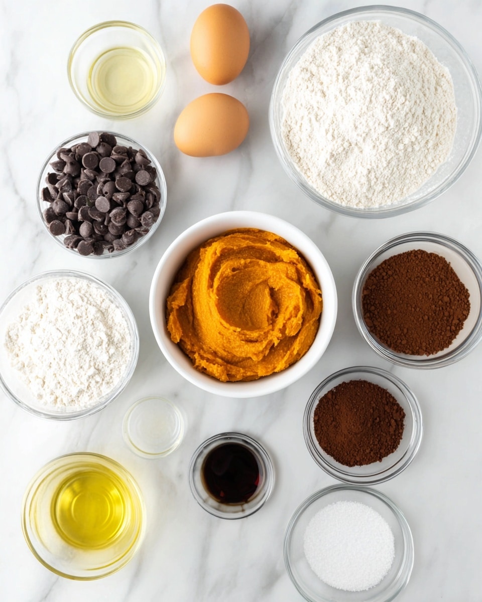 A top-down view of multiple white bowls and clear glass bowls placed on a white marbled surface. In the center is a white bowl filled with smooth orange pumpkin puree. Surrounding the bowl are various ingredients: a white bowl with white granulated sugar, another with white flour, and a white bowl filled with dark brown chocolate chips. Clear bowls hold white baking powder, white salt, and dark brown cocoa powder. Two brown eggs sit on the surface near a clear bowl with light yellow oil and another clear bowl with dark brown vanilla extract. The arrangement is neat and evenly spaced, showing contrasting textures and colors of the ingredients. photo taken with an iphone --ar 4:5 --v 7
