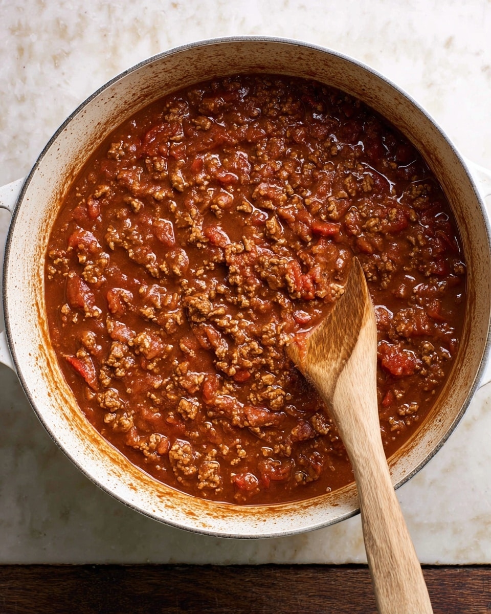 A top view of a pot filled with thick brown sauce mixed with small chunks of red tomatoes and minced meat, with a wooden spoon partially stirring the mixture on the right side inside the pot. The pot is white with a speckled rim, placed on a white marbled surface, showing slight splashes of sauce around the edge. The spoon has a smooth wooden texture and a long handle extending outside the pot. Photo taken with an iphone --ar 4:5 --v 7