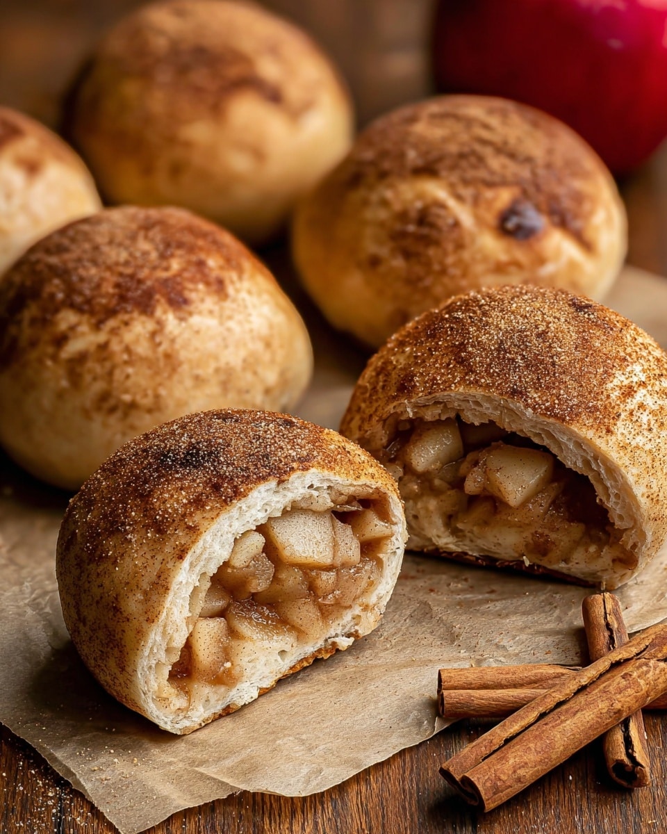 A close-up of six round baked buns with a golden-brown crust sprinkled with cinnamon. One bun is shown cut open, revealing a soft, light beige bread layer wrapped around a filling of chunky, light brown apple pieces mixed with creamy cinnamon-spiced filling inside. The buns are placed on a piece of parchment paper on a wooden surface, with two cinnamon sticks positioned near the bottom right corner. In the background, there is a red apple slightly out of focus. Photo taken with an iphone --ar 4:5 --v 7