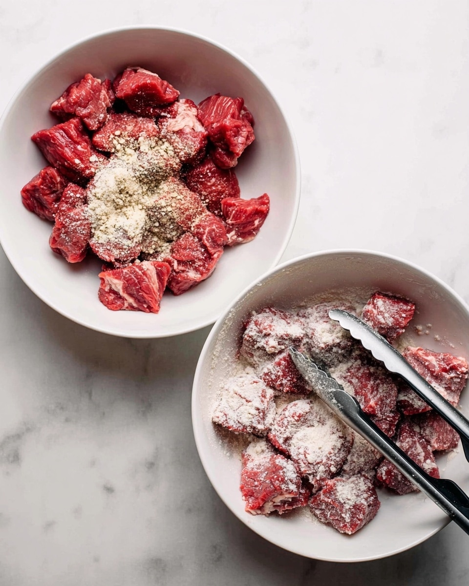 Two white bowls sit on a white marbled surface, each filled with raw red beef cubes. In the left bowl, the beef is topped with white and beige powdered seasonings, mostly centered in the bowl. The right bowl shows the beef after it is mixed with the powders, fully coated in a light white dusting. A pair of black and silver tongs rests inside the right bowl, partly buried in the beef pieces. The overall look shows the process of seasoning the beef with powder before cooking. Photo taken with an iphone --ar 4:5 --v 7
