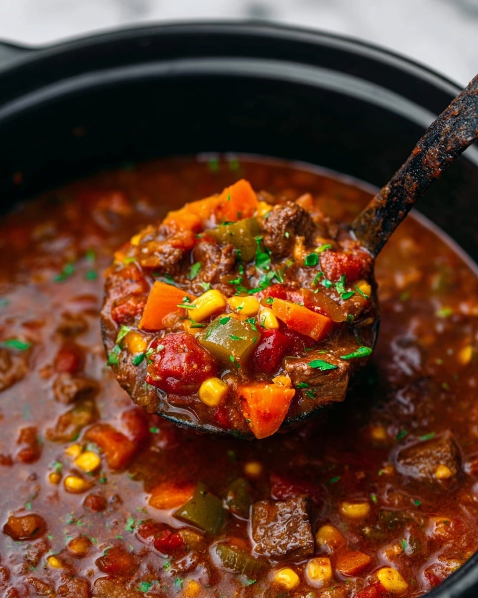 A close-up view shows a thick stew in a black pot with many colorful ingredients. The stew has several layers: bright orange baby carrots, yellow corn kernels, and small green celery pieces mixed in a rich, dark brown meat broth. There are chunks of browned meat and diced red tomatoes scattered throughout. Tiny green herb leaves are sprinkled on top, adding a fresh touch. A rustic black ladle holding a full scoop of the stew lifts from the pot, showing the mix of vegetables and meat soaked in the sauce. The whole scene sits on a white marbled surface. photo taken with an iphone --ar 4:5 --v 7