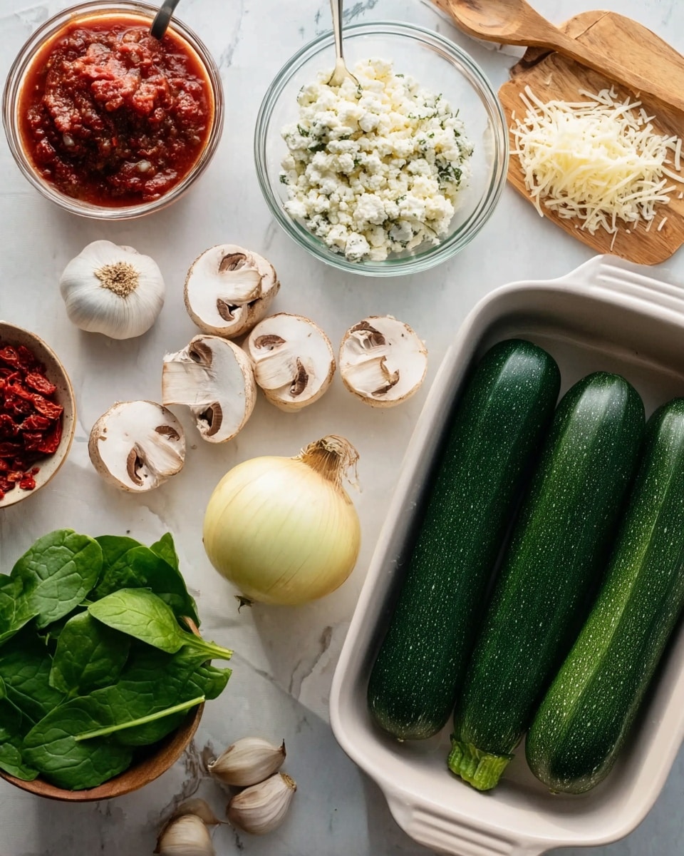 The image shows fresh cooking ingredients arranged neatly on a white marbled surface. On the right side, there is a white baking dish holding three whole dark green zucchinis. To its left, there are four sliced mushrooms with white insides and brown edges. Next to the mushrooms, a whole yellow onion is placed, and above the onion is a clear glass bowl filled with crumbly white cheese. On the left side, there are fresh green spinach leaves, two whole garlic bulbs, a small wooden spoon, a pile of red chopped sun-dried tomatoes, a clear bowl containing red sauce with some herbs, and another clear bowl filled with white grated cheese. The overall look is fresh, clean, and ready for cooking photo taken with an iphone --ar 4:5 --v 7