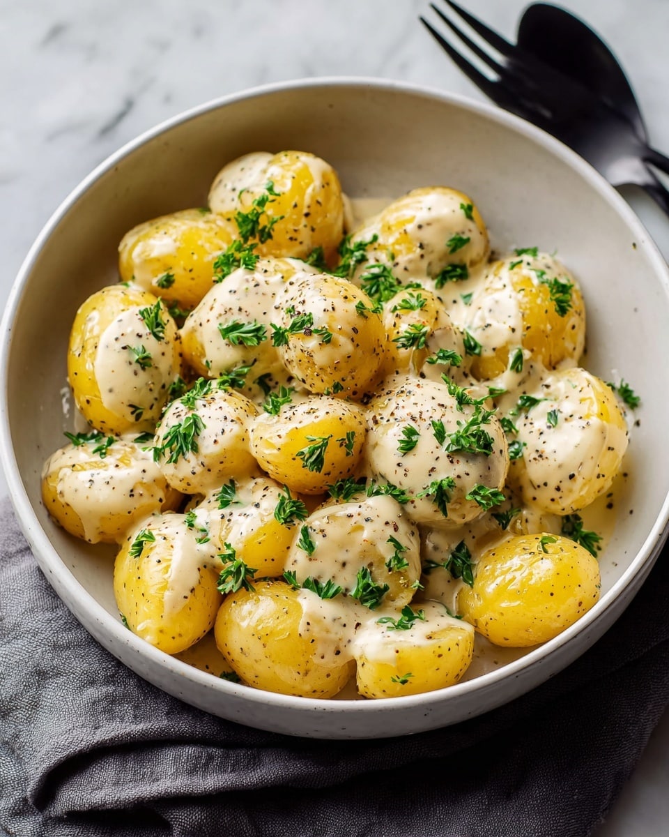 A white bowl filled with two layers of small round yellow potatoes, each potato covered in a creamy light beige sauce that has black pepper sprinkled over it. On top, fresh green parsley is scattered evenly, adding a bright contrast to the yellow potatoes and sauce. The bowl sits on a white marbled surface with a grey cloth beneath it and two black utensils nearby. Photo taken with an iphone --ar 4:5 --v 7