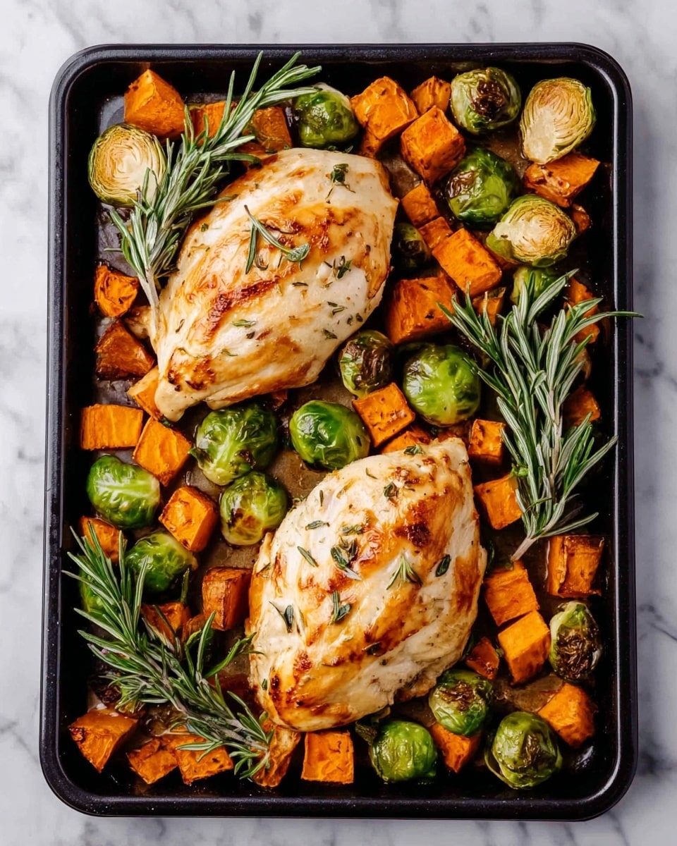 The image shows a black baking tray filled with a mix of cooked food. There are two large, golden-brown pieces of chicken in the center, each with a slight char and herbs on top. Surrounding the chicken are small green Brussels sprouts, some cut in half showing their layers, and bright orange sweet potato cubes with a bit of browning on the edges. Sprigs of fresh rosemary are placed around the food adding a touch of green and texture. The tray sits on a white marbled surface. photo taken with an iphone --ar 4:5 --v 7