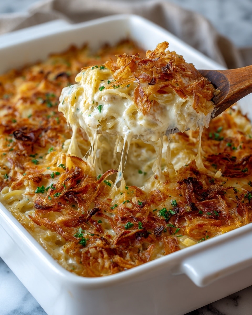 The image shows a white rectangular casserole dish filled with a baked dish that has multiple layers. The bottom layer is soft pasta or noodles coated in a creamy white sauce. Above that, there is a thick layer of melted cheese that stretches as a wooden spoon lifts a portion. The topmost layer is made of golden-brown crispy fried onions scattered evenly, with small bits of green herbs sprinkled across for color. The casserole dish sits on a white marbled surface, and the background is softly blurred. photo taken with an iphone --ar 4:5 --v 7
