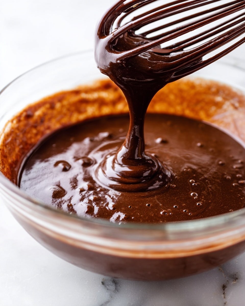 A close-up view of thick, dark brown chocolate batter being poured from a dark whisk into a clear glass bowl filled with the smooth and glossy chocolate mixture. The batter has a rich, shiny texture with some bubbles on the surface, and the bowl is set on a white marbled surface. The focus is on the flow of the batter from the whisk into the bowl, showing the swirls it makes as it lands. Photo taken with an iphone --ar 4:5 --v 7
