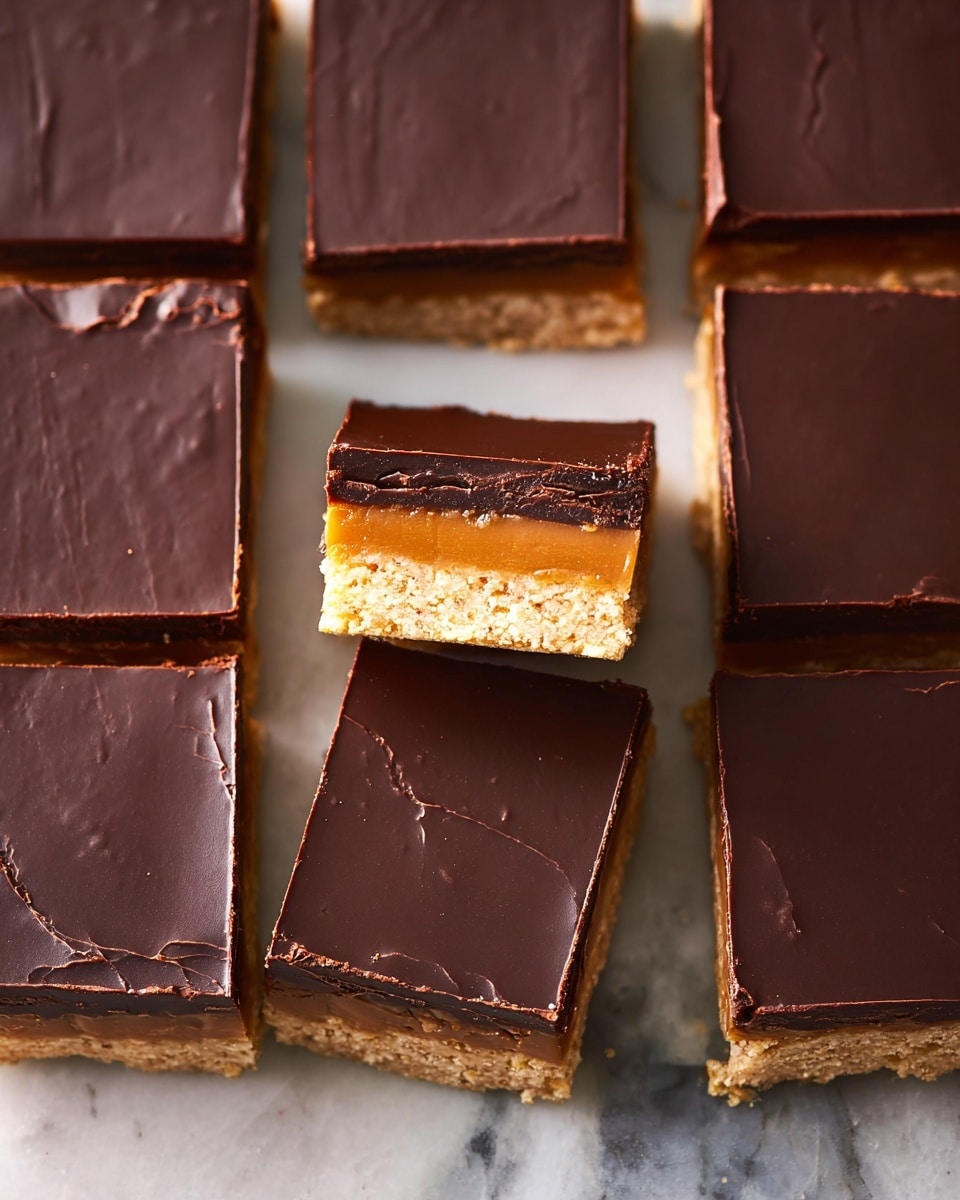 The image shows a group of square chocolate bars arranged neatly on a surface with a white marbled texture. Each bar has three clear layers: the bottom layer is a light crunchy biscuit base, the middle layer is a smooth caramel with a golden color, and the top layer is a thick, dark chocolate coating with a glossy, smooth finish. One bar is standing upright in the center, showing the layers clearly from the side, while the others lie flat around it. The texture of the chocolate top shows slight wrinkles and a few small cracks. photo taken with an iphone --ar 4:5 --v 7