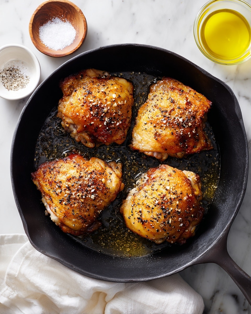 Four pieces of golden-brown fried chicken sit in a black cast-iron pan, each piece covered with a crispy skin speckled with black pepper and coarse salt. The chicken thighs are arranged evenly spaced, with glistening oil pooling slightly beneath them. Around the pan, on a white marbled surface, there are small white and wooden bowls holding salt, pepper, and a clear glass bowl with yellow oil. A white cloth napkin is partially visible beneath the pan. The scene is bright and clean with a focus on the texture of the crispy chicken skin. photo taken with an iphone --ar 4:5 --v 7