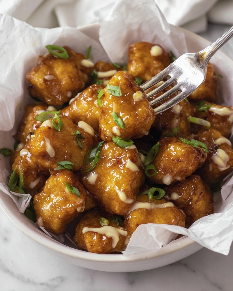 A white bowl lined with white parchment paper holds many small golden brown fried chicken pieces, each covered in a shiny, sticky orange sauce with light cream drizzles. The chicken pieces are garnished with bright green chopped spring onions scattered evenly on top. A silver fork is placed in the bowl, lifting some chicken pieces. The bowl is set on a white marbled surface. Photo taken with an iphone --ar 4:5 --v 7