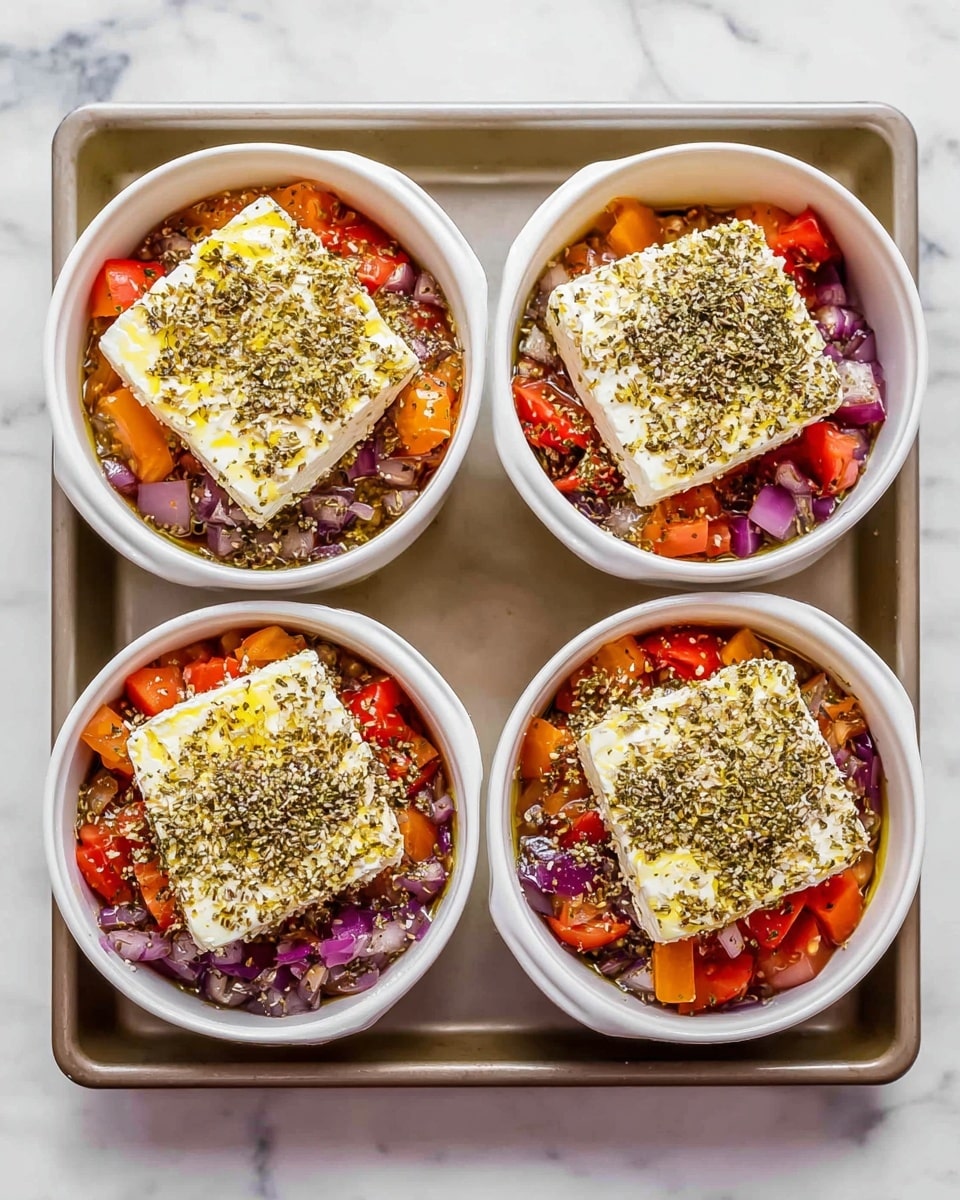 The image shows four white ceramic bowls placed on a baking tray, each filled with layers of chopped orange-red tomatoes at the base, followed by a layer of small purple onion pieces. On top of the onions, there is a large square piece of white creamy cheese, sprinkled with various dried green herbs and seasoning. A light drizzle of golden olive oil glistens over the cheese and herbs. The baking tray sits on a white marbled surface. photo taken with an iphone --ar 4:5 --v 7