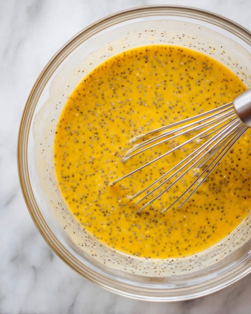 A clear glass bowl on a white marbled surface holds a yellow-orange mixture speckled with tiny black chia seeds spread evenly throughout, giving a textured look. A shiny metal whisk with thin wires is partially dipped in the mixture at the right side of the bowl, blending the contents smoothly. The edges of the bowl are slightly splattered with the mixture, showing some motion from stirring. photo taken with an iphone --ar 4:5 --v 7