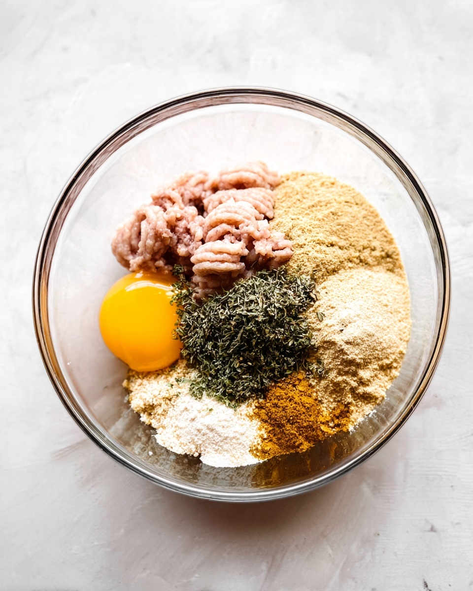 A clear glass bowl sits on a white marbled surface, holding separate layers of ingredients. At the bottom left, a bright yellow egg yolk rests near a pile of pale pink ground meat coiled in small rings on the top left. To the right of the egg yolk and meat, there is a mix of green herbs scattered across the middle. Surrounding the herbs and spread over the right side, there are different powders: off-white, light beige, and a darker golden brown, creating a varied texture and color contrast. The ingredients form a neat cluster in the bowl, with details clear and separated. Photo taken with an iphone --ar 4:5 --v 7