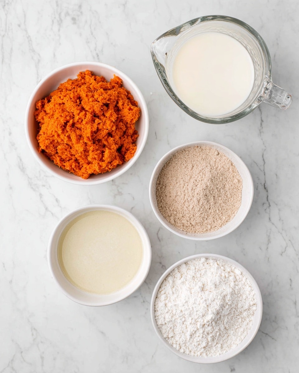 The image shows five containers on a white marbled surface, each holding a different ingredient. At the top left, there is a white bowl full of bright orange mashed material with a rough texture. To its right is a clear glass pitcher filled with creamy white liquid. Below the pitcher is another white bowl filled with fine, light brown powder, with visible slight indentations on the surface. At the bottom left, a white bowl contains a pale yellow liquid with a smooth surface. Finally, at the bottom right, there is a white bowl holding a fine white powder with a slightly textured surface. photo taken with an iphone --ar 4:5 --v 7