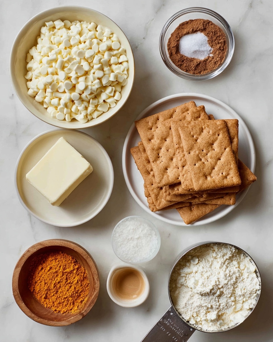 The image shows a white bowl filled with small, creamy white chips at the top left. Next to it, a small clear glass bowl holds brown powder, and beside that, a small wooden bowl contains coarse white salt. Below the salt bowl, a small white cup has a light brown liquid. In the center, a white bowl holds a stack of light brown graham crackers arranged neatly. To the left of the crackers, there is a white plate with a block of soft white cream cheese. At the bottom right, a metal measuring cup contains a bright orange powder, and below it, a white bowl is full of fine white powder. All items are placed on a white marbled surface. photo taken with an iphone --ar 4:5 --v 7