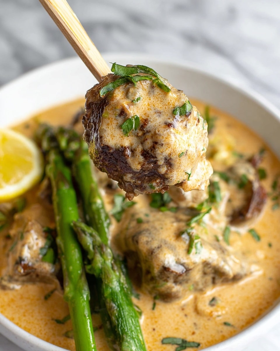 A close-up view shows a creamy sauce-covered piece of browned meat on a wooden fork held above a white bowl. The bowl holds a creamy orange sauce with green herbs sprinkled on top, pieces of browned meat in the sauce, bright green asparagus spears curved inside the bowl, and a wedge of yellow lemon to the side. The background is a white marbled surface. Photo taken with an iphone --ar 4:5 --v 7