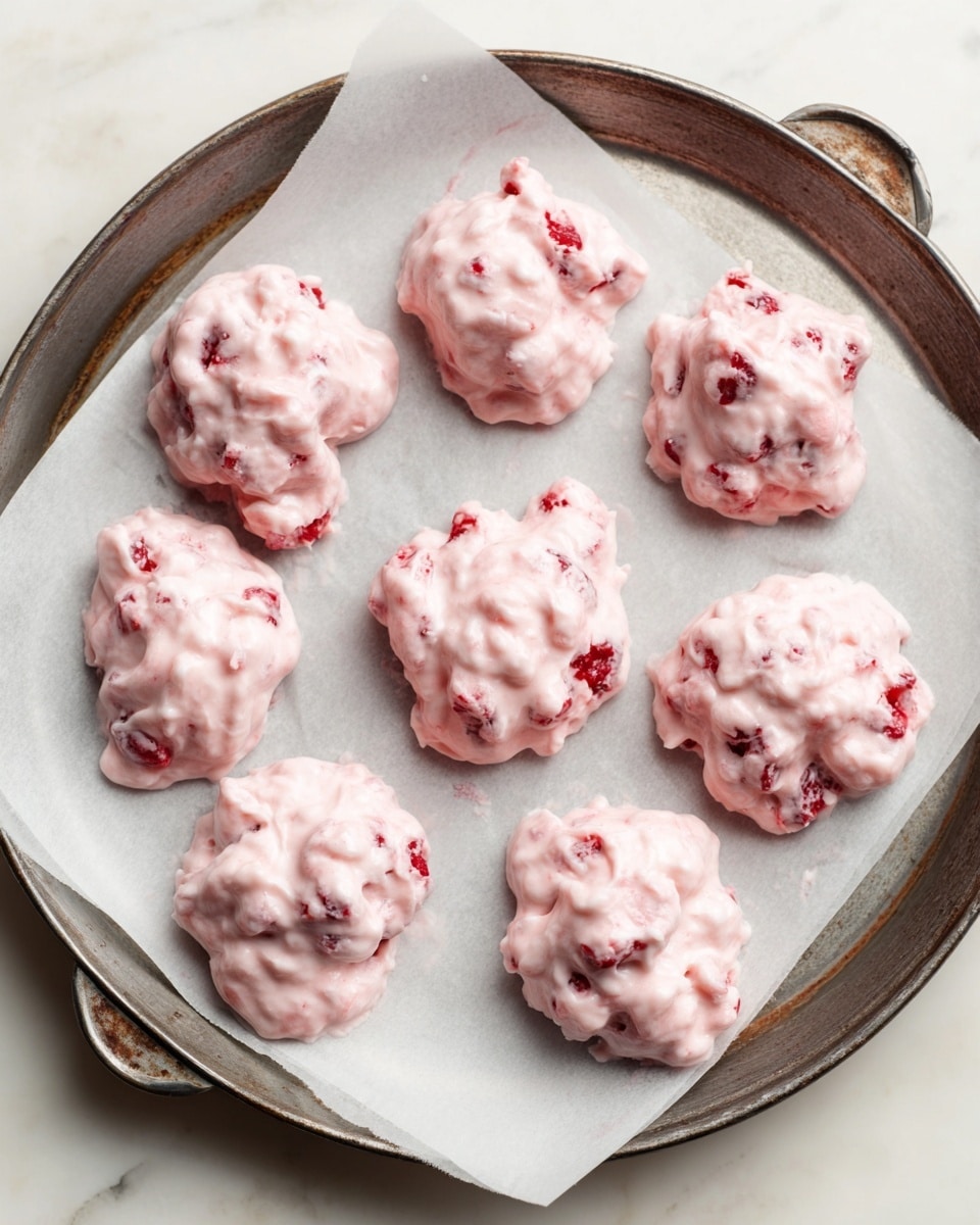 The image shows nine small, uneven blobs of a pink creamy mixture with bits of red fruit inside. They are placed on white baking paper that lines an old, round metal baking tray. The pink blobs have a soft and slightly lumpy texture with red fruit pieces visible throughout. The tray is set on a white marbled surface. photo taken with an iphone --ar 4:5 --v 7