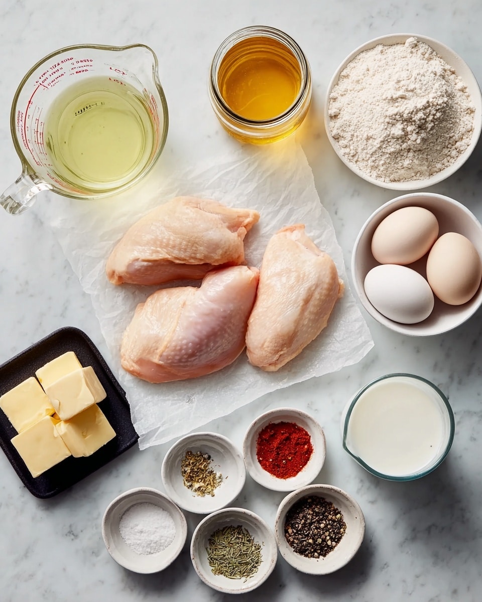 The image shows three raw pieces of chicken on white parchment paper placed in the center on a white marbled surface. Around them are various ingredients in small white bowls and containers: three eggs near the top right, a bowl of white flour beside them, a jar of golden liquid, and a glass cup of white milk. To the bottom right, there are small white dishes containing red and brown spices and dried herbs. On the left side, there is a large glass measuring cup with a pale yellow oil, a small black dish with four pieces of light yellow butter, and two small round bowls with black pepper and salt. All items are arranged neatly and spaced out. photo taken with an iphone --ar 4:5 --v 7