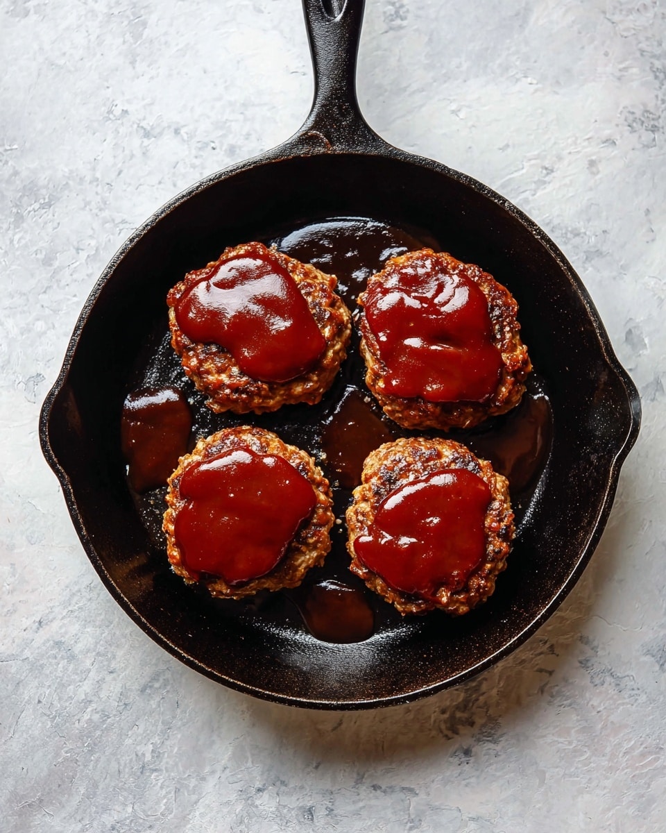 A black cast iron pan sits on a white marbled surface, holding four round meat patties arranged in a square shape. Each patty has a slightly rough, browned texture and is topped with a glossy, deep red sauce layer that evenly covers the top. The pan handle extends up from the top center. The overall look is rustic and hearty, with the rich sauce contrasting against the dark pan and the light background photo taken with an iphone --ar 4:5 --v 7