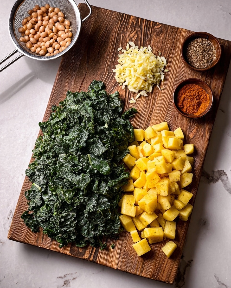 The image shows a wooden cutting board with three main groups of ingredients arranged in layers: on the left is a large pile of dark green chopped kale with a textured, leafy surface, in the middle-top is a small heap of finely chopped pale yellow garlic, and on the right are small yellow potato pieces with smooth surfaces and slightly rough edges. Surrounding the cutting board on a white marbled surface are a metal strainer with cooked light brown beans, and three small round bowls containing ground spices in shades of brown and red. Photo taken with an iphone --ar 4:5 --v 7