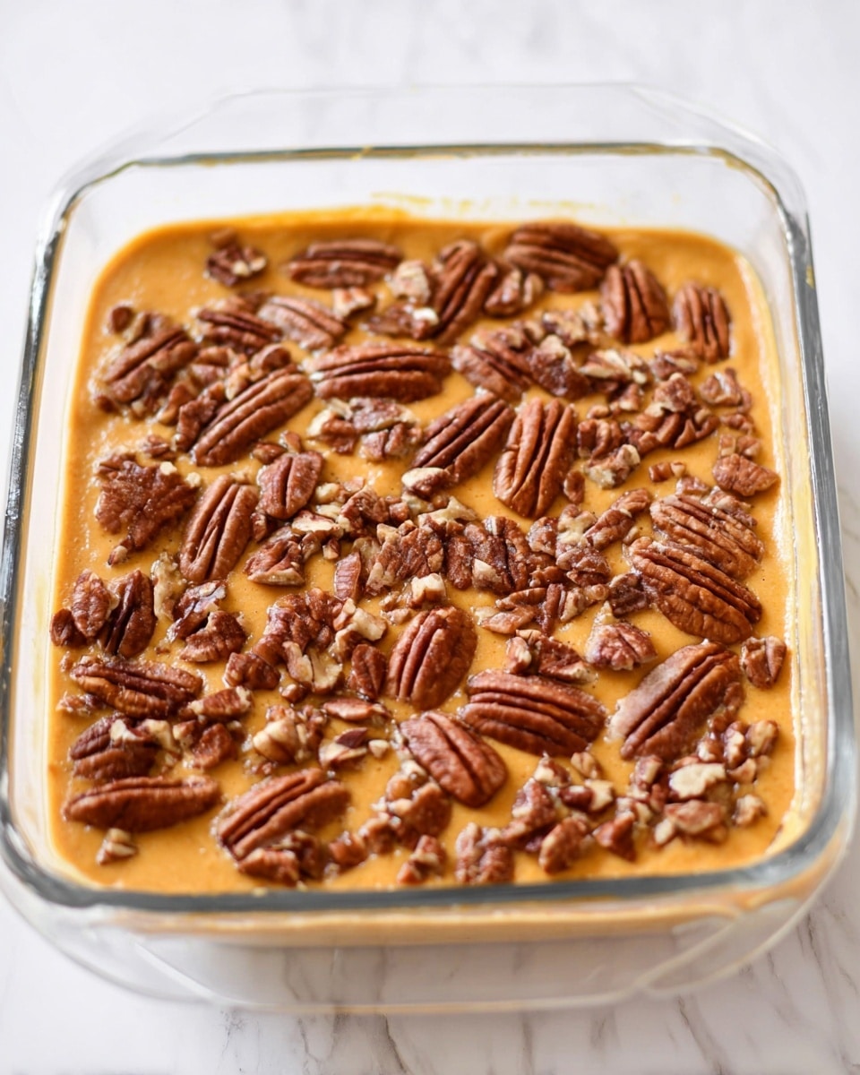 The image shows a transparent square glass dish filled with a smooth, light orange creamy layer that looks soft and thick. On top of this creamy layer, a generous amount of whole pecan halves are spread evenly, giving a textured and slightly rough look due to the nuts' ridges and dark brown colors with some lighter brown shades. The dish is placed on a white marbled surface, adding a clean and bright background to the image. photo taken with an iphone --ar 4:5 --v 7
