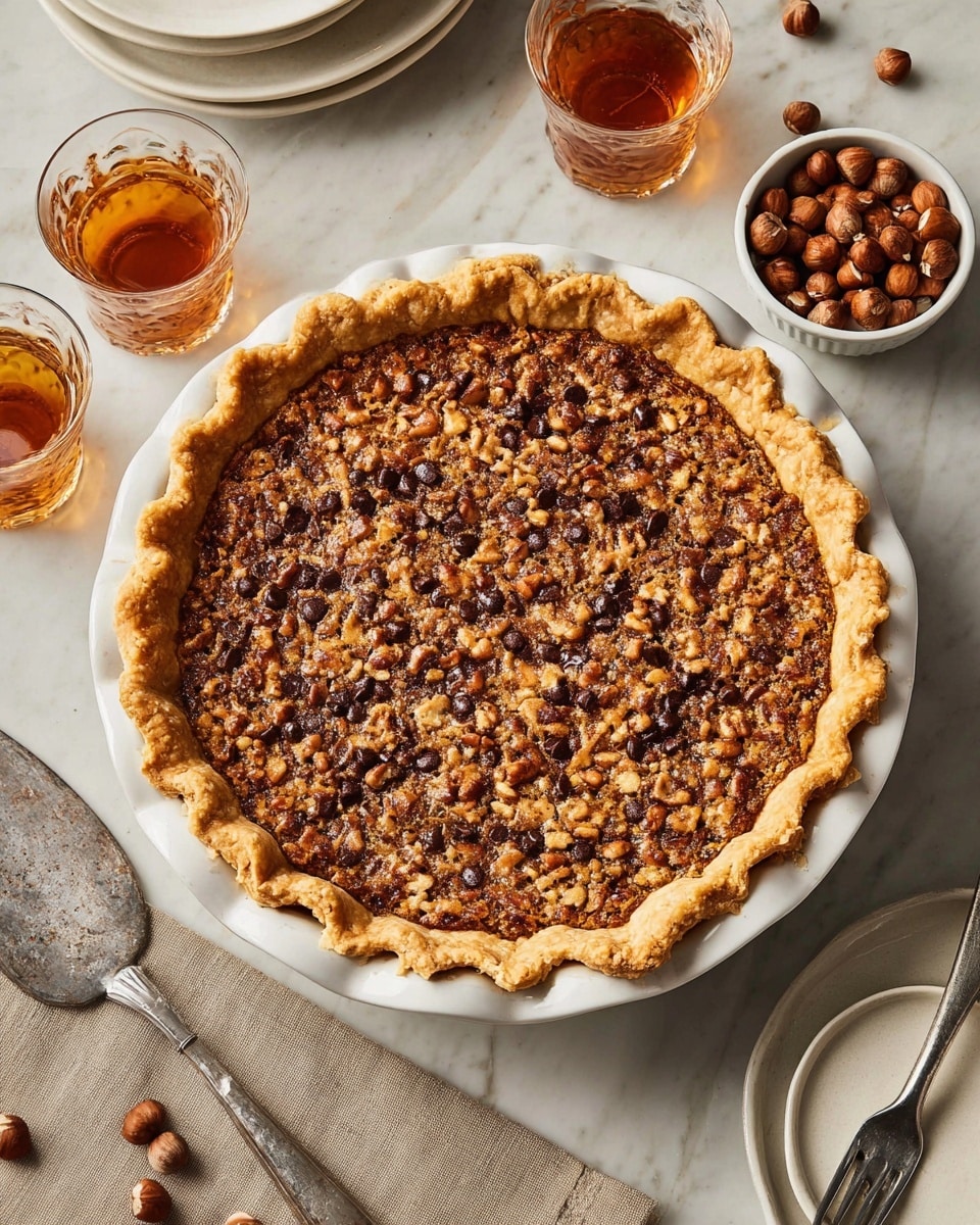 A nut pie with one golden brown flaky crust layer, ruffled edges rising along the sides of the white pie dish, filled with a dense topping of chopped mixed nuts and chocolate chips, textured with a glossy, caramelized finish. It sits on a white marbled surface with some hazelnuts scattered near the bottom, a silver pie server placed on the left side, two glasses with amber liquid in the upper background, a small bowl filled with hazelnuts on the right, and two white plates stacked near the top left corner. There are also two forks resting on a small white dish near the bottom right corner. photo taken with an iphone --ar 4:5 --v 7