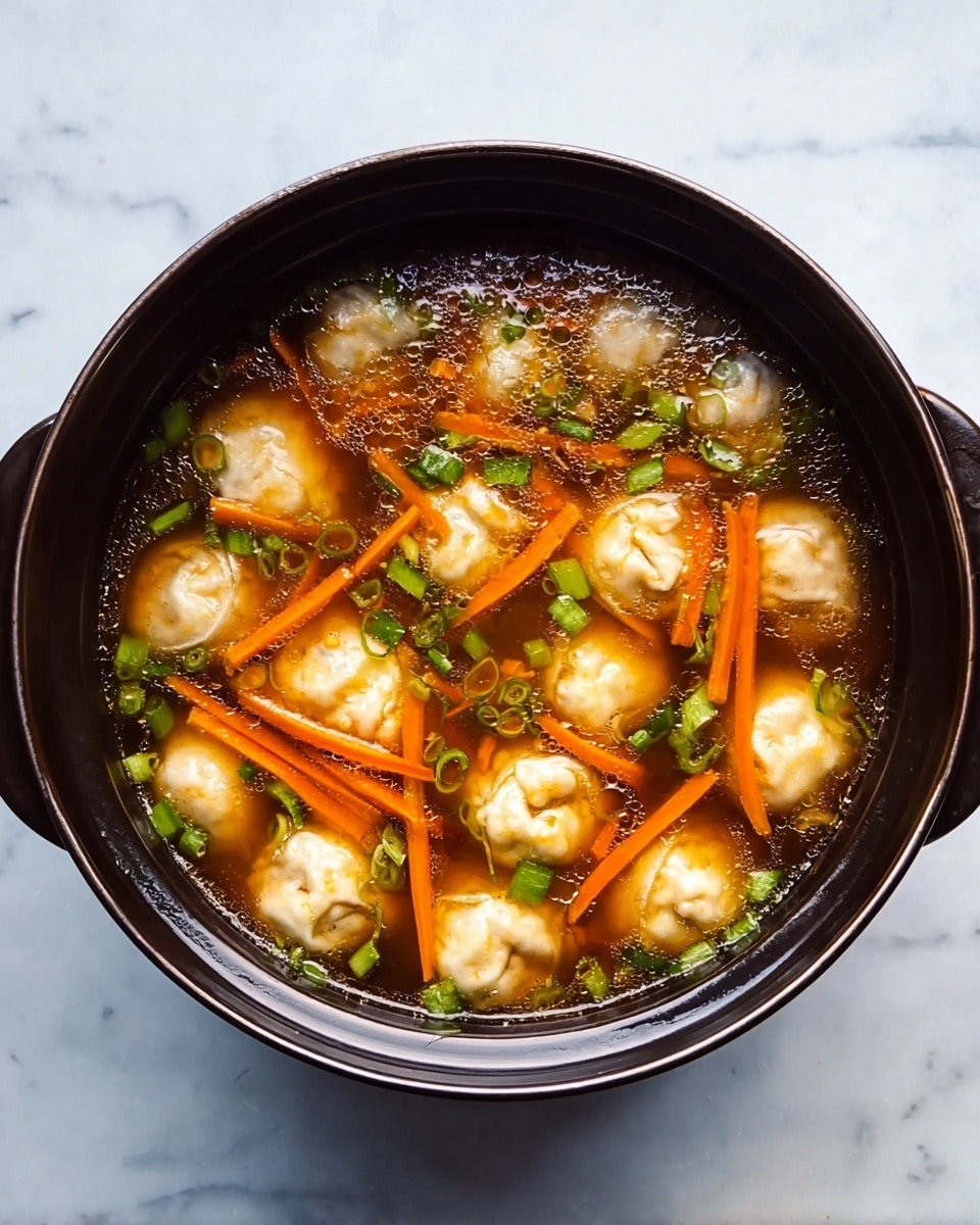 A black round pot filled with clear brown broth soup, containing many small white dumplings. Thin long orange carrot strips and small green onion pieces float throughout the broth, adding color and texture. The pot is set on a white marbled surface, and the soup appears hot and fresh with a light shine on the broth. photo taken with an iphone --ar 4:5 --v 7