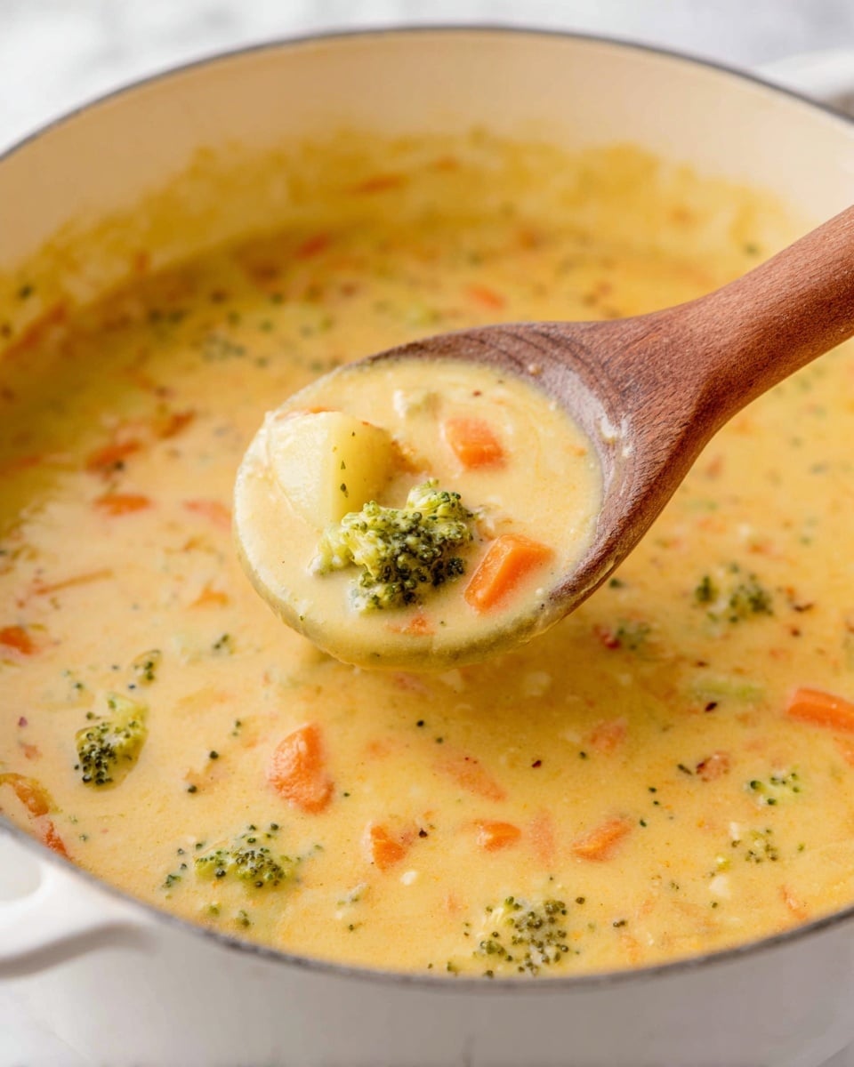A close-up view of a creamy soup in a white pot filling the frame, with a wooden spoon lifting a portion of the soup in the center. The soup has three main visible layers: a thick, yellowish creamy base that covers the whole pot; small bright orange carrot pieces scattered throughout; and small green broccoli florets distributed evenly. The wooden spoon shows a textured smooth surface holding a mix of the creamy base and vegetable pieces, with the soup slightly dripping from the spoon. The pot rests on a white marbled surface. photo taken with an iphone --ar 4:5 --v 7