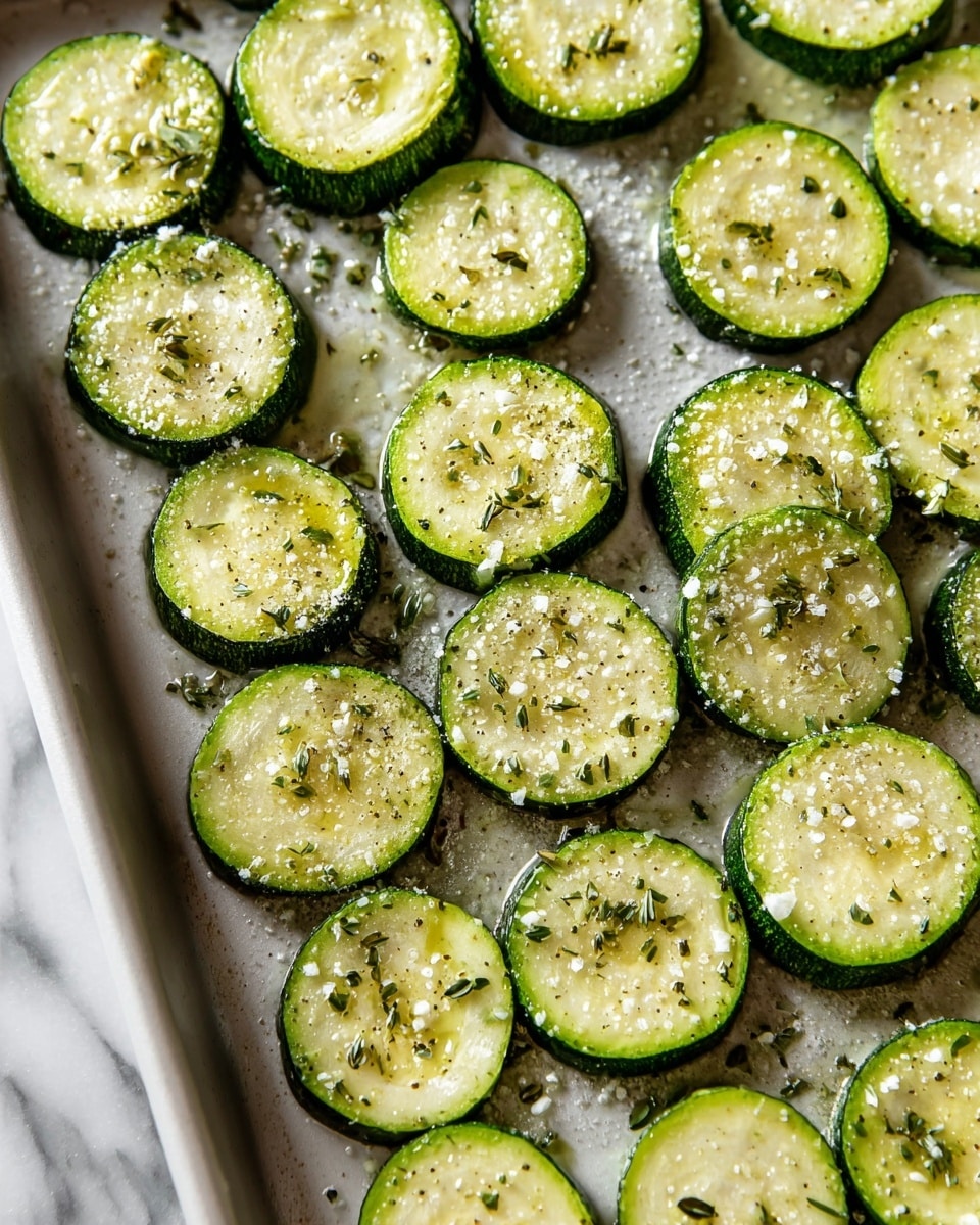 The image shows a white baking tray filled with many round green zucchini slices, each evenly spaced apart. Each slice has a bright green edge and a lighter green inside with a moist, slightly glossy texture. The zucchini circles are topped with coarse white salt, small green herb flakes, and black pepper grains, adding color contrast and texture to the light green surfaces. The tray is placed on a white marbled surface. photo taken with an iphone --ar 4:5 --v 7