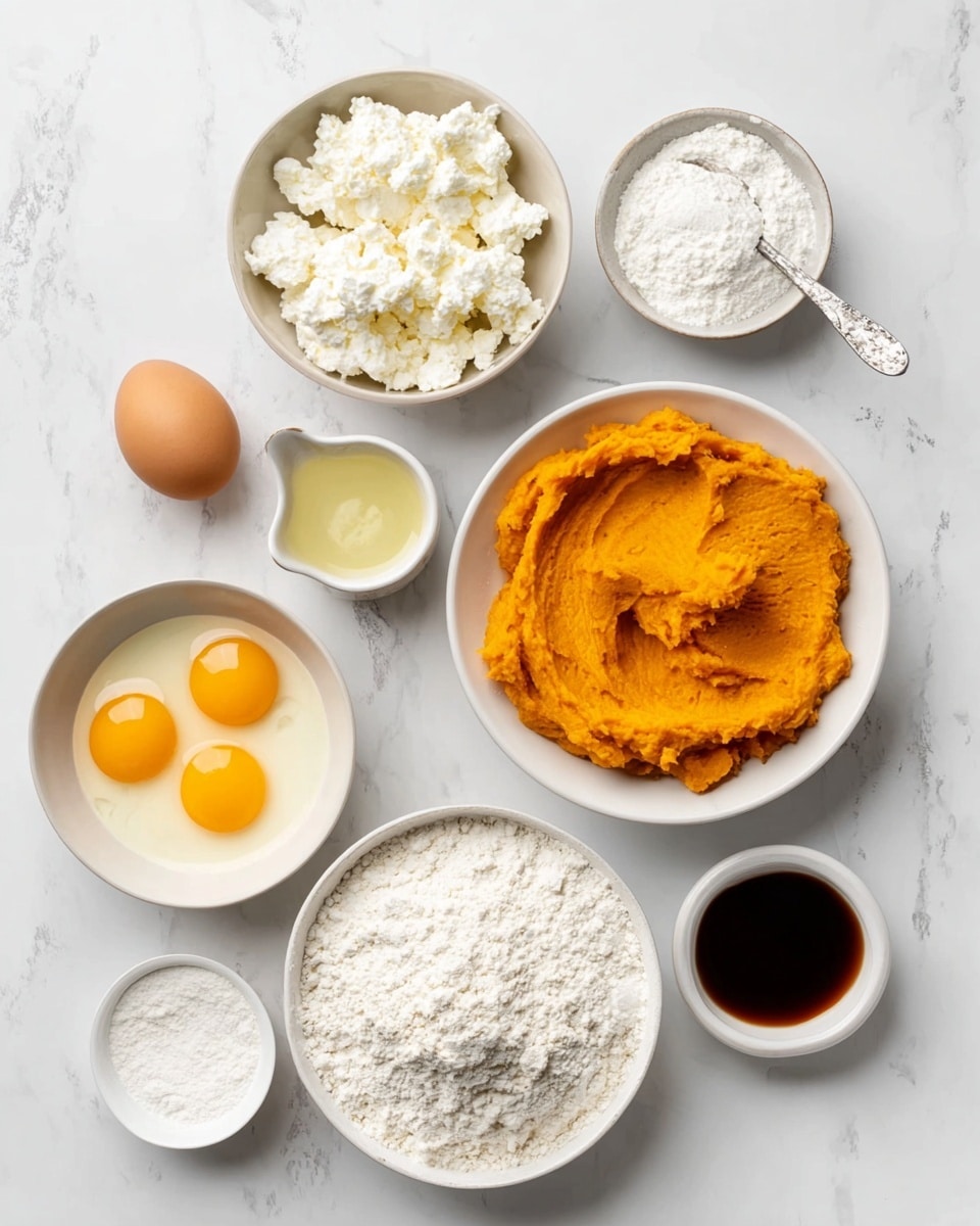 The image shows a white marbled surface with nine different ingredients arranged neatly. Starting from the top left, there is a white bowl filled with soft white cottage cheese. To the right, a white bowl contains smooth, bright orange mashed sweet potatoes with a textured top. Below the cottage cheese is a small white sauce dish holding a pale yellow liquid with a silver spoon resting inside. Next to it lies a brown egg and a half eggshell. In the center bottom, a white bowl is filled with white flour. Above it, a white bowl holds two raw egg yolks surrounded by clear egg whites with some black specks along the edge. To the right are three small white bowls arranged vertically: the top bowl contains white powder, the middle one has another light powder, and the bottom one holds a dark brown liquid. All dishes and bowls are white, showing clear colors and textures of the ingredients, photo taken with an iphone --ar 4:5 --v 7