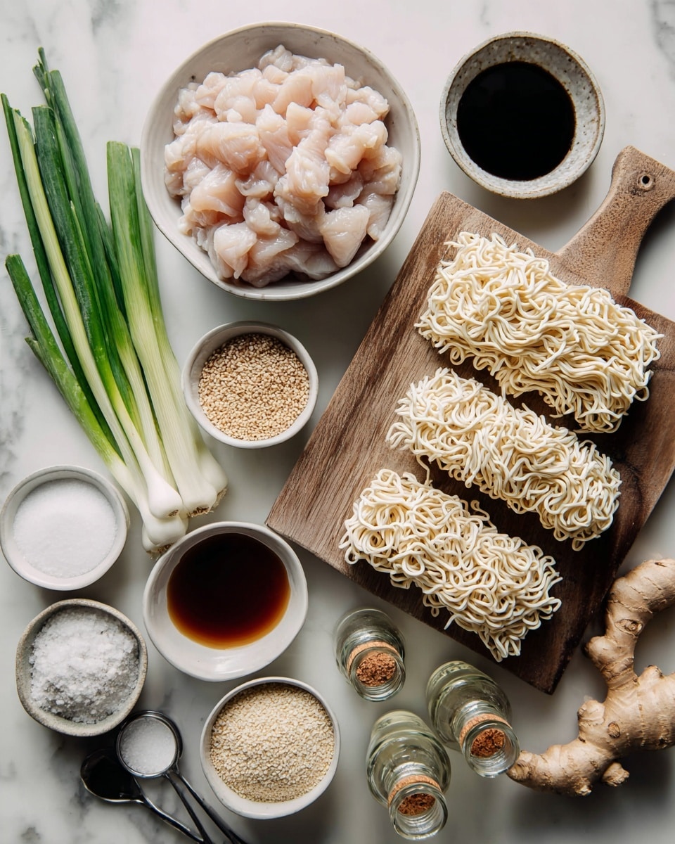 The image shows a white marbled surface with various ingredients neatly arranged. In the center, there is a wooden board holding two layers of light cream-colored, curly noodles with a soft texture. To the left, there is a white bowl full of raw, pale pink chicken pieces, next to three long green onions with white and green parts. Surrounding these are several small white bowls with different ingredients: light brown sesame seeds, white coarse salt flakes, off-white flour, dark soy sauce, a small bit of reddish-brown liquid in a speckled bowl, and light tan granules. There is also a fresh piece of ginger root with a rough, light brown skin near the noodles, and two small clear glass bottles with cork stoppers containing dark and pale liquids. Several small metal measuring spoons are at the bottom left corner. Everything is clean and arranged in an orderly, flat lay style photo taken with an iphone --ar 4:5 --v 7