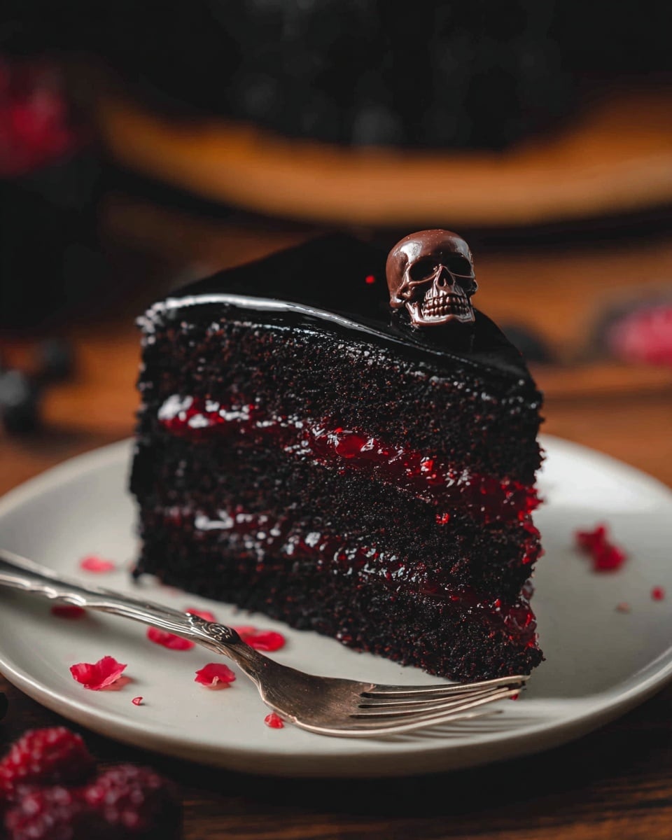 A single slice of black chocolate cake with two thick layers is shown on a white plate. The cake has a dark, rich texture with shiny black icing covering the top and sides. Between the layers, there is a bright red, glossy jelly-like filling. On top of the cake slice, there is a small, detailed dark chocolate skull decoration. A silver fork rests on the plate next to the cake, and there are scattered small red petals around the plate. The setting has a blurred warm background with a wooden surface and blackberries placed around the plate. photo taken with an iphone --ar 4:5 --v 7