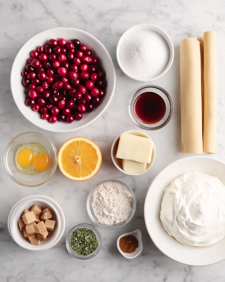 A white bowl filled with bright red cranberries sits in the top left corner on a white marbled surface. To its right, there is a larger white bowl filled with fine white granulated sugar. Below the cranberry bowl, a small white bowl holds a powdery white ingredient, likely baking soda or baking powder. Next to it is a half orange, bright with vibrant orange color. Above the orange, a tiny clear bowl holds raw egg yolk in a yellow color, and above that is a small bowl with a dark brown liquid, possibly vanilla. To the far right in the image, two beige rolled sheets of dough lie next to each other. Below the egg and vanilla, a small bowl contains finely chopped green leaves. Near the center bottom, a small clear bowl holds brown sugar, and next to it is a small bowl with butter cubes. To their right, a small clear bowl holds a mix of brown and white spices. Finally, on the bottom right, there's a white plate filled with smooth white cream or whipped topping. All ingredients are arranged neatly on the clean white marbled surface. photo taken with an iphone --ar 4:5 --v 7