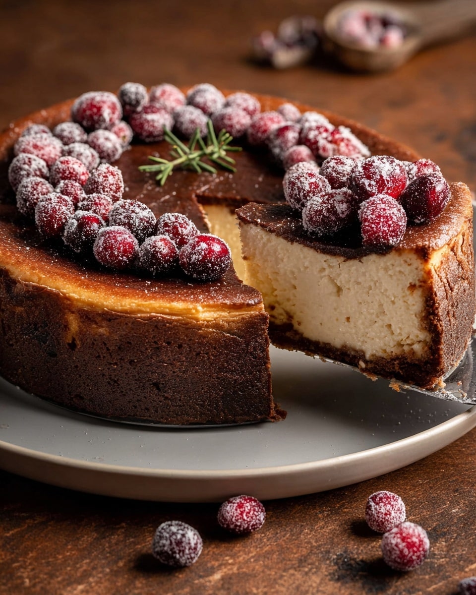 A thick cheesecake with a dark brown top and side crust, showing a creamy light beige inside layer, is placed on a white plate. The top is decorated with a circle of fresh red cranberries covered in white sugar, with a small herb sprig in the center. Some sugared cranberries are scattered around the plate on a brown wood textured surface. A cake slice is lifted by a metal slicer. Photo taken with an iphone --ar 4:5 --v 7