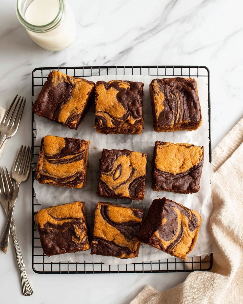 Nine square pieces of cake with two colors swirled together, dark brown chocolate and light brown pumpkin, each piece showing a mix of both colors on top. The cakes are placed on a black wire cooling rack over white parchment paper. The surface under the rack is white marble. To the left, two silver forks are lying on the table and above the cake, a glass bottle and glass of milk are partially visible. A light beige cloth is on the lower right corner. The cakes have a soft texture with smooth and slightly cracked tops, and the swirls create a marbled pattern on each piece. photo taken with an iphone --ar 4:5 --v 7