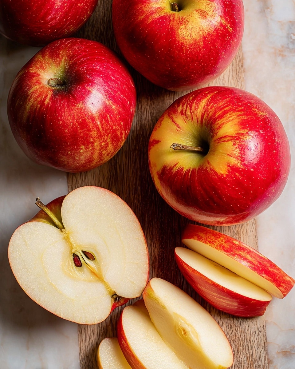 The image shows several fresh apples on a wooden surface with a white marbled texture background. There are three whole apples with shiny red and yellow skin, each showing a greenish stem area. Alongside them, there are apple slices: two halves showing the white inside with seeds and core visible, and three thinner wedge slices arranged nearby. The skin of the apples remains bright red on the outside, while the inside is a light cream color. The view is from above, showing the apples and slices spread out comfortably in the frame. Photo taken with an iphone --ar 4:5 --v 7