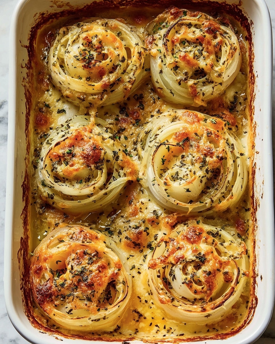 A white rectangular baking dish filled with six baked round onion stacks, each composed of multiple pale yellow and white onion layers arranged in spirals. The tops are covered with a golden brown melted cheese, speckled with green herbs and black pepper. The edges of the onions are slightly charred, and melted cheese sauce pools around the stacks creating a rich texture with bubbles and a browned surface. The white marbled background subtly shows behind the dish. photo taken with an iphone --ar 4:5 --v 7
