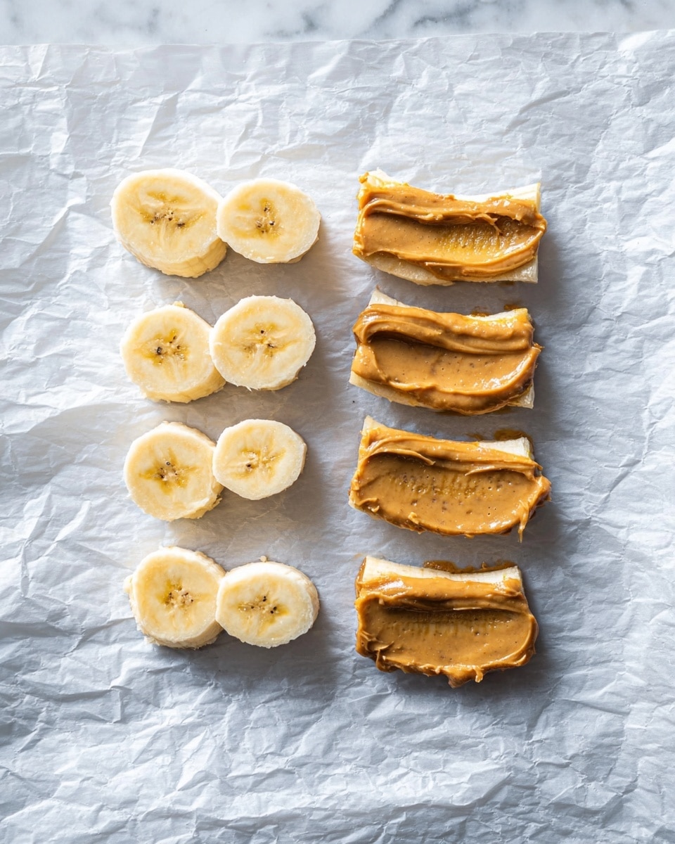 The image shows eight small banana pieces arranged in two neat columns on crinkled white parchment paper over a white marbled surface. The left column has four plain banana slices with soft yellow flesh and some brown spots. The right column has four banana slices spread with smooth, light brown peanut butter, richly covering each piece with some texture visible in the spread. The lighting is bright and natural, emphasizing the fresh and creamy textures. photo taken with an iphone --ar 4:5 --v 7