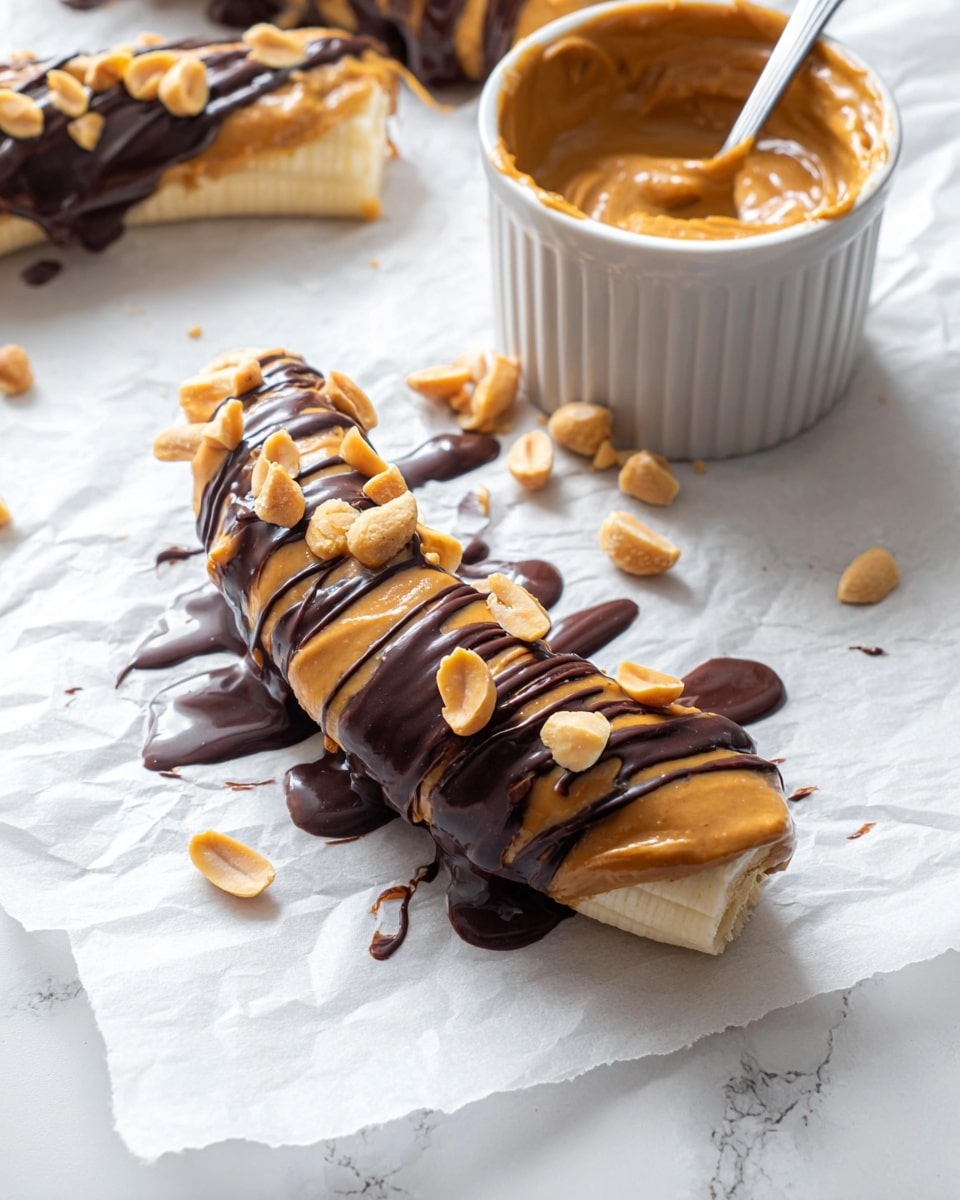 The image shows a peeled banana cut into two pieces, each topped with a thick layer of smooth peanut butter that covers the entire top surface. Over the peanut butter, there are small chunks of peanuts scattered evenly, adding texture. Dark chocolate is drizzled generously in thin stripes over the peanut butter and peanuts, with some chocolate flowing off the edges onto the white parchment paper beneath. In the background, a white ramekin filled with creamy peanut butter and a spoon sticking out is visible, and a few whole peanuts are scattered nearby on the white marbled surface. photo taken with an iphone --ar 4:5 --v 7