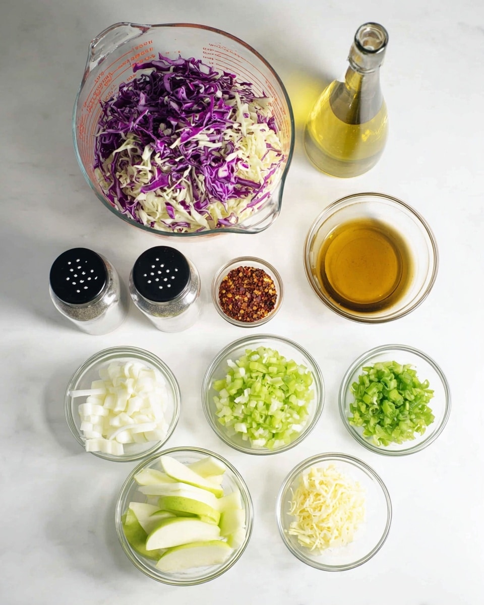 A top view of ingredients arranged neatly on a white marbled surface, including a large glass measuring cup filled with shredded cabbage and purple cabbage in the center back; to its right, a glass oil bottle with yellow oil and a smaller glass measuring cup filled with a brownish liquid; to its left, two glass jars of salt and pepper with black lids and a small glass jar of red chili flakes. In front, from left to right, there are five small clear glass bowls containing thinly sliced green apple, white creamy dressing, bright green chopped scallions, pale yellow mustard dollop, and light green chopped celery. The overall scene is bright with natural light, and all bowls and cups are clear glass. Photo taken with an iphone --ar 4:5 --v 7