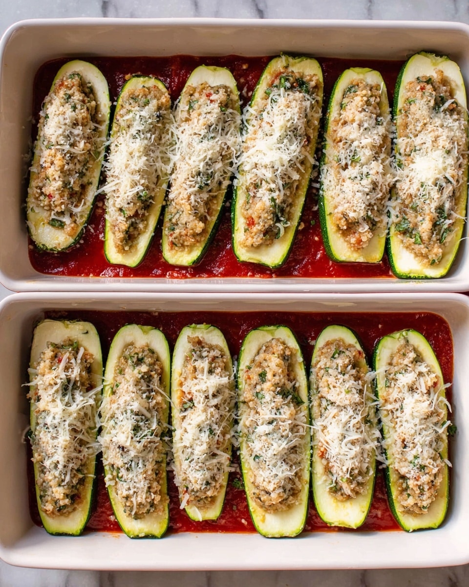 The image shows two white rectangular baking dishes on a white marbled surface, each filled with halved zucchinis placed side by side in two rows. Each zucchini half is hollowed out and filled with a light beige mixture that has a rough texture, likely a stuffing with visible small bits of herbs and cheese. The base of each dish is lined with rich red tomato sauce that peeks out from under the zucchini halves. The stuffed zucchini is topped with finely grated white cheese sprinkled evenly over all the halves, creating a slightly fluffy layer. The overall look is fresh and ready for baking, with colors mainly green from the zucchini, red from the sauce, beige from the stuffing, and white from the cheese. Photo taken with an iphone --ar 4:5 --v 7