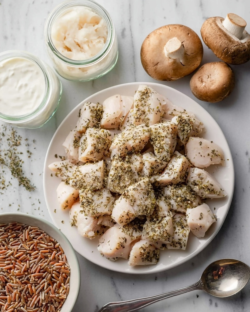 A white plate sits on a white marbled surface holding several pieces of raw chicken cut into bite-sized chunks, sprinkled evenly with dried herbs and spices that add specks of green and black. Around the plate, there are two small glass jars, one with thick white cream and the other with a light beige sauce with visible small chunks. Near the plate, there are two brown mushrooms, one whole and one with the cap facing upward showing the light interior. A metal spoon rests in a bowl filled with a mix of brown and wild rice grains at the bottom right of the image. The whole setting is lit naturally, highlighting the freshness and textures of the food. photo taken with an iphone --ar 4:5 --v 7